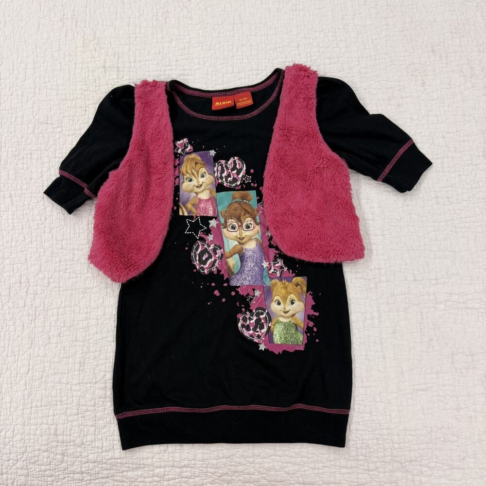 Y2K Alvin & Chipmunks -CHIPPETTES Kids Girls Layerd Long Sleeve Shirt Pink 7/8